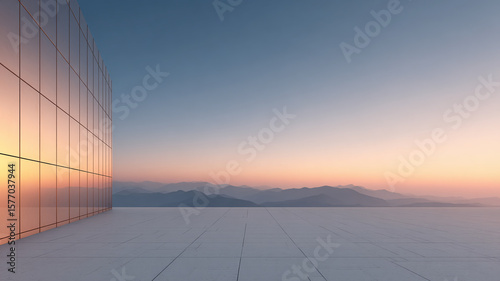 Minimalist Sunset Terrace with Glass Facade and Mountain View