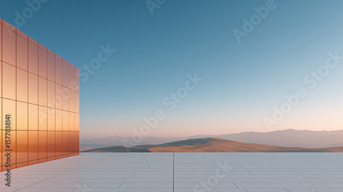 Minimalist Sunset Terrace with Glass Facade and Mountain View