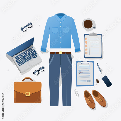 Office Essentials: A top-down view showcases the fundamental elements of the workplace attire and tools, elegantly arranged and ready for productivity.