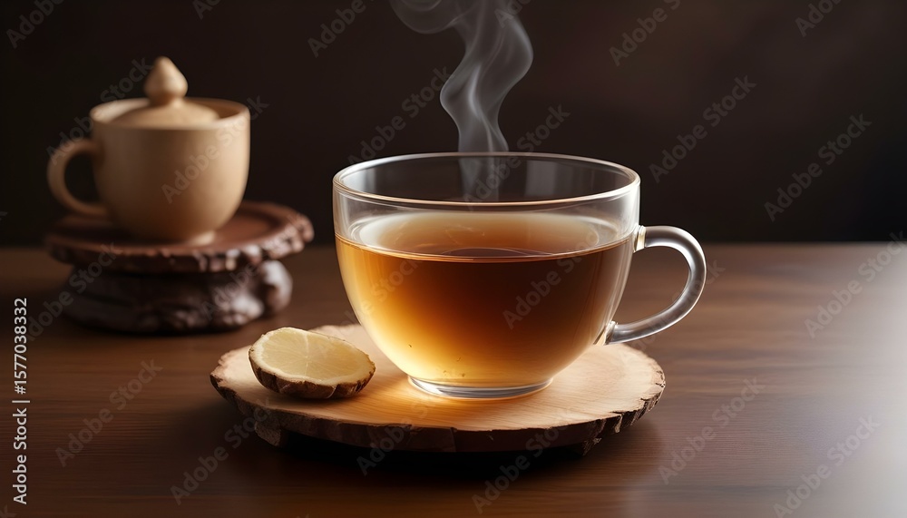 Fototapeta premium A steaming cup of tea with lemon on a wooden coaster, a moment of peace.