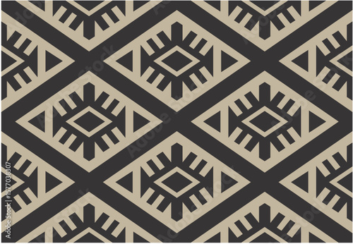 Geometric pattern with tribal motifs creates a visually appealing textile design.