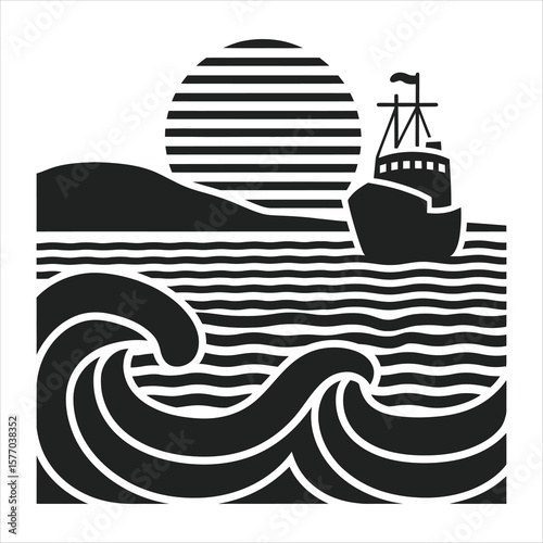 Black ship sailing on wavy ocean under striped sun and hill waves