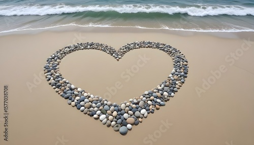 A heart of pebbles on the beach represents love and the ocean's calmness.