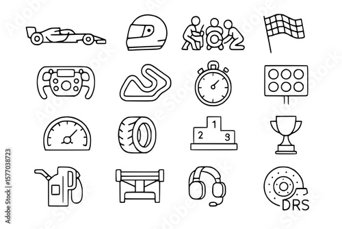 Formula 1 Racing Icon Set - F1 Motorsport Line Icons with Cars, Equipment, Track, Pit Stop and Championship Elements
