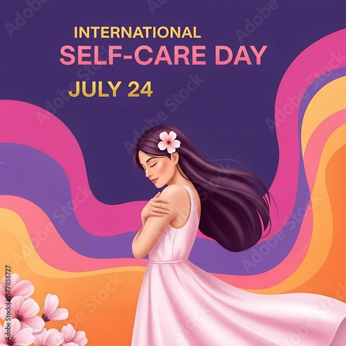 International Self Care Day Illustration Featuring a Woman in a Pink Dress Embracing Herself Symbolizing Self Love and Appreciation