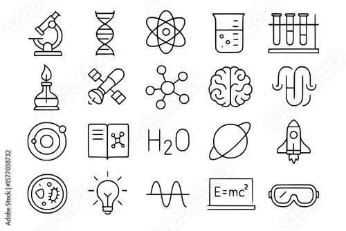 Science and Research Icon Set - Laboratory Line Icons with Microscope, DNA, Chemistry, Physics and Scientific Equipment