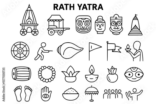 Rath Yatra Festival Icon Set - Hindu Religious Line Icons with Jagannath Chariot, Deities, Temple and Cultural Elements