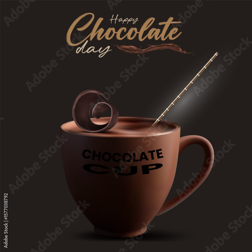 Happy Chocolate Day celebration illustration with a cup of liquid chocolate, chocolate shavings, and decorative straw on a dark background for social media and greeting cards