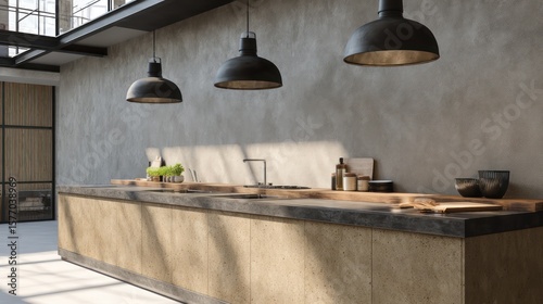 Sandstone and black iron industrial kitchen with concrete pendant lights harsh spotlight casting dynamic shadows on steel countertop