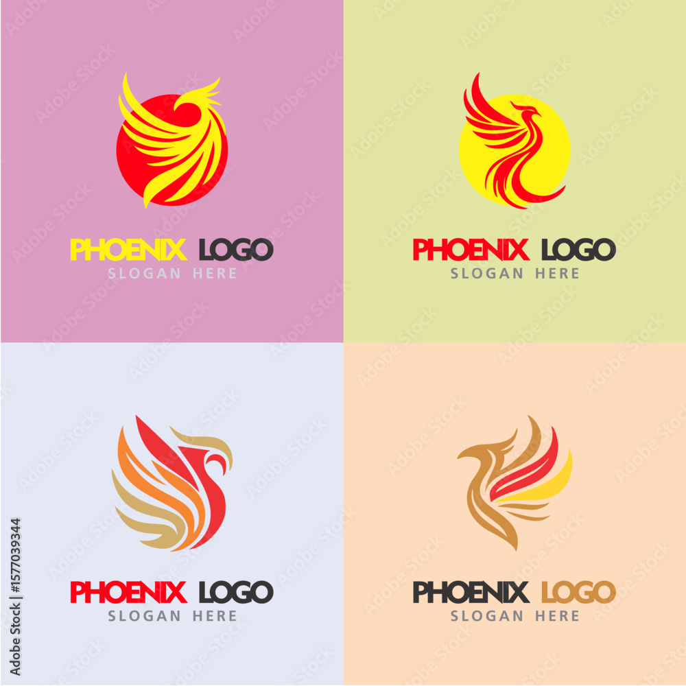 Obraz premium Set of colorful phoenix logos combining modern design and mythological symbolism. Ideal for branding, jewelry, spiritual businesses, and creative identity projects.