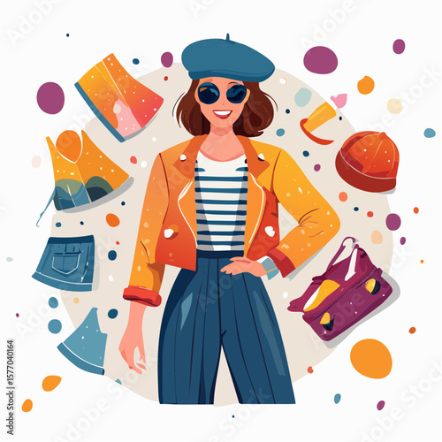 Stylish Ensemble: A fashion-forward woman showcasing a vibrant array of clothing and accessories, embodies effortless chic in a lively artistic depiction.