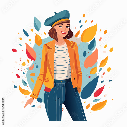 Stylish Woman in Autumn Fashion: A chic woman with a radiant smile showcases trendy autumn attire against a backdrop of vibrant fall leaves, embodying effortless elegance and seasonal charm.