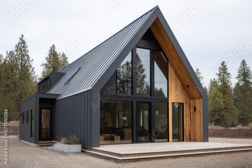 Sleek A-frame barn house in muted charcoal metal with light oak trim overcast daylight with diffused lighting balanced