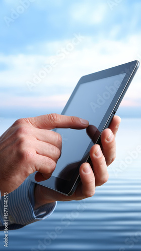 Person interacts with tablet device by serene water, embodying essence of digital nomad who embraces travel and technology