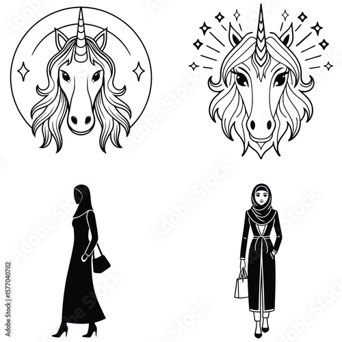 Elegant unicorn and muslim woman silhouettes
