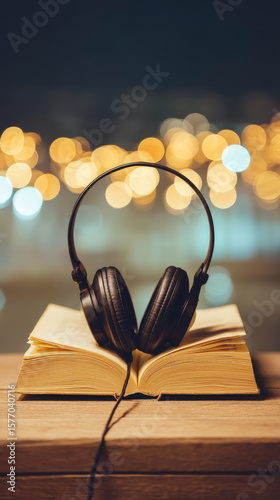 Digital nomad can enjoy travel while listening to music through headphones placed on open book, creating cozy atmosphere