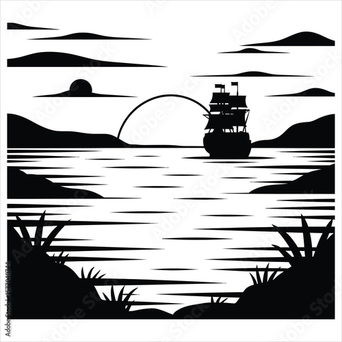 Silhouette of a sailing ship on the water at sunset with rolling hills ocean landscape
