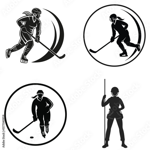 Female hockey player silhouettes action sports icons