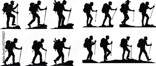 Hikers trekking silhouettes mountain landscape adventure
