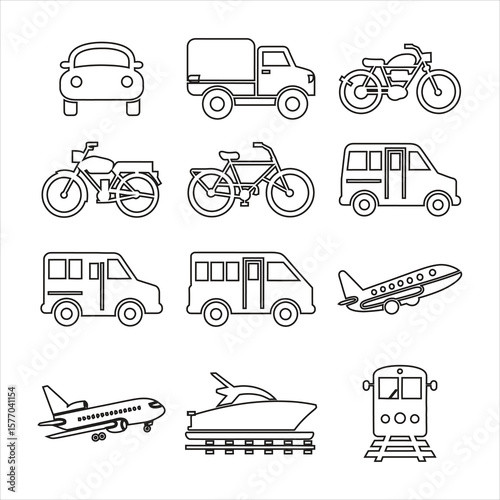 Various vehicles and modes of transport depicted in outline truck motorcycle