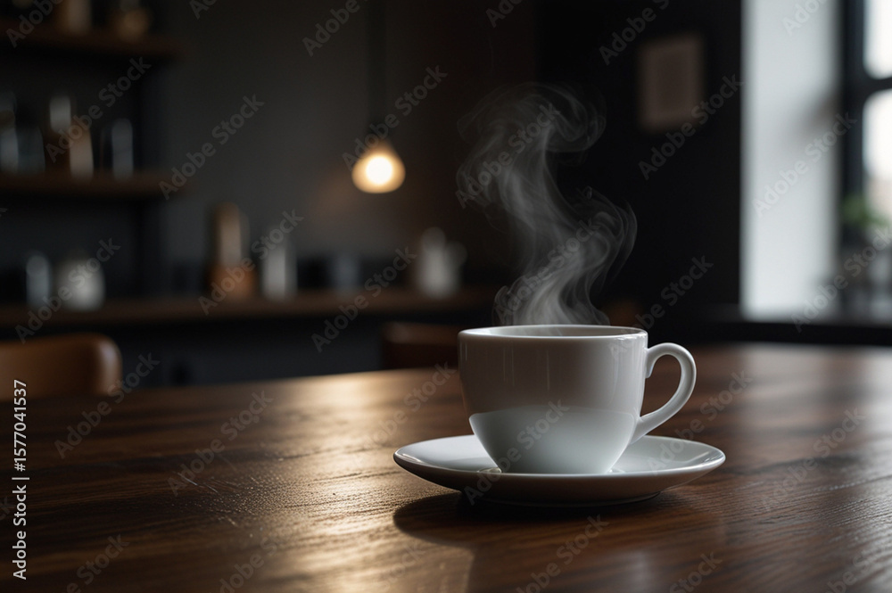 Steaming Cup of Coffee on Dark Wooden Table in Cozy Cafe Steaming Cup of Coffee on Dark Wooden Table in Cozy Cafe
