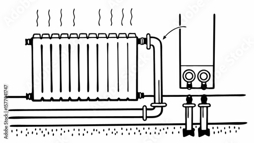 Heating system radiator boiler installation plumbing pipes home warmth domestic hot water central heating illustration