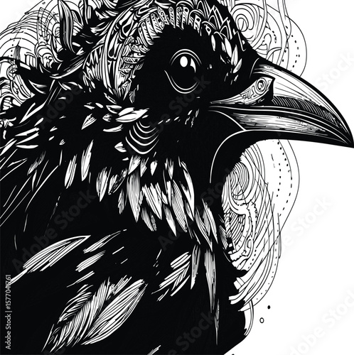 Detailed illustration of a raven with intricate feather patterns and ornamental details around the head