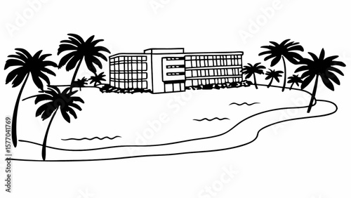 Beach resort hotel with palm trees vector illustration for travel and tourism designs and vacation projects