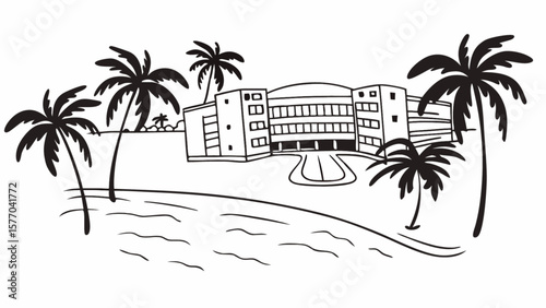 Beach resort hotel with palm trees vector illustration for travel and vacation destination concept design art