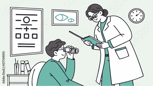Eye exam vision test at optometrist office for glasses and eye health checkup with doctor appointment illustration