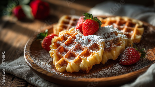 Delicious heart shaped waffles topped with strawberries and powdered sugar