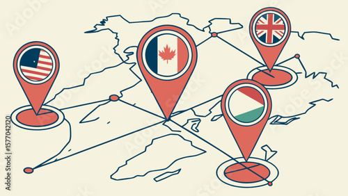 World map with country flag location pin markers for global business and international travel concept design