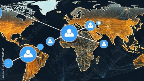 Global networking connection shown with a digital world map and user icons connecting