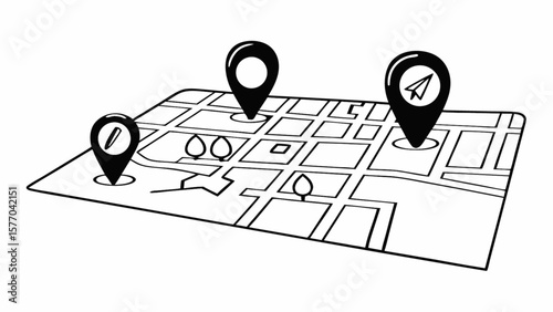 Map with location pin markers for gps navigation and travel destination planning and route finding concept