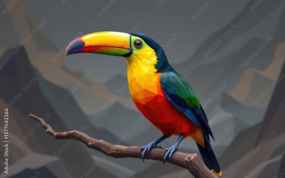 Fototapeta premium Vibrant geometric toucan perched on a branch in a stylized landscape.