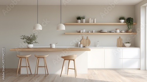 Scandinavian Studio Apartment Kitchen with White Cabinets, Open Shelves, and Warm Oak Accents