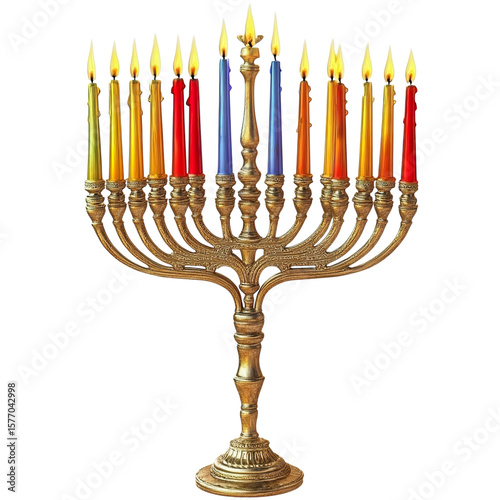 Hanukkah menorah with candles glowing in warm festive light

