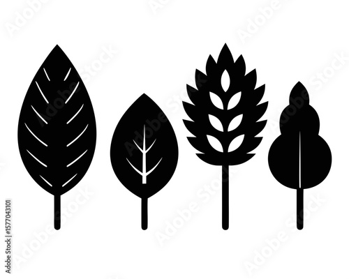 Black leaf shapes from four distinct trees on a white background are featured, silhouette