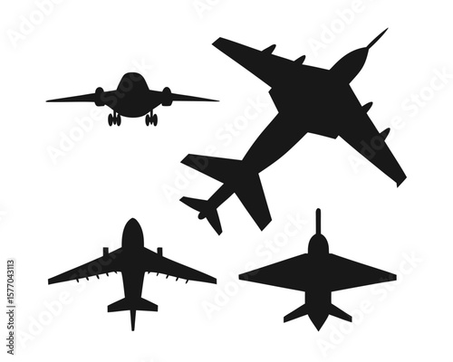 Aircraft silhouettes showcase four different planes against a stark white backdrop