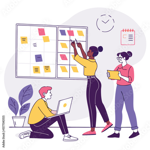 Team collaboration session with sticky notes on a whiteboard and laptop in a creative office space