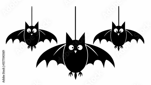 Black bats hang upside down against a stark white backdrop, silhouette