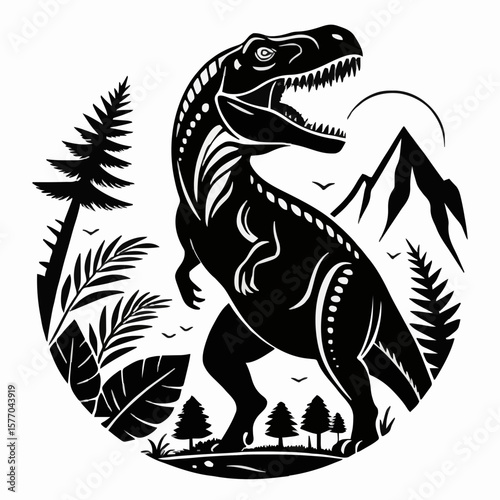 T-Rex Dinosaur Silhouette in Jungle Scene – Prehistoric Vector Illustration