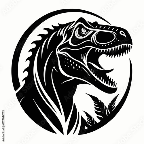 Ferocious T-Rex Dinosaur Head Silhouette Vector in Circle Frame