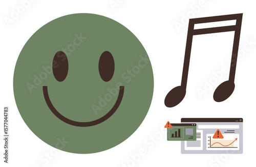 Green happy face, black music note, and web interface with warning icons highlight joy, creativity, tech issues, and communication. Ideal for design, music, tech error handling creativity emotive