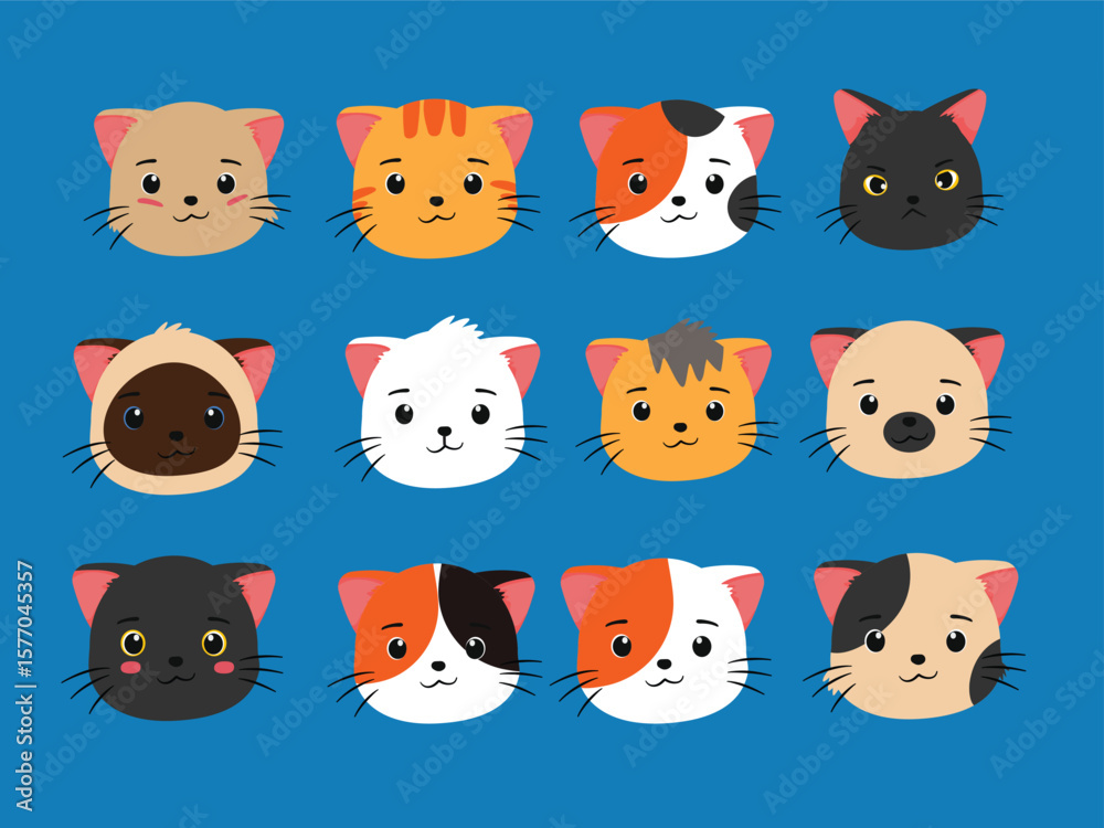 Fototapeta premium Cute Cat Heads Collection from Various Breeds in Chibi Kids Illustration Style