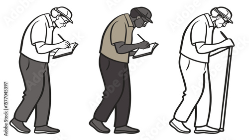 Illustration of diverse senior men writing in notebook and using walking stick for support, vector art