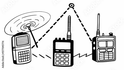 Illustration of walkie talkies radio communication system network black and white line art drawing design 100