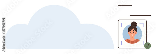 Large cloud shape highlighting data storage with a user profile picture framed by a square and checkmark. Ideal for security, identity, cloud technology, storage, verification, online access, simple
