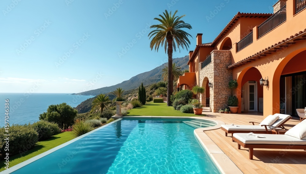 Fototapeta premium Luxury two-story house with terracotta roof on cliff overlooking ocean. Swimming pool, patio area with large palm tree, blue sky, and clear waters of sea in background.