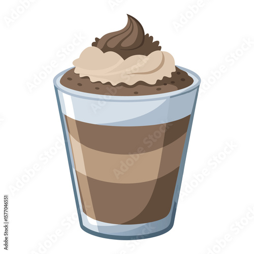 Delicious layered chocolate dessert in a clear glass with whipped cream topping